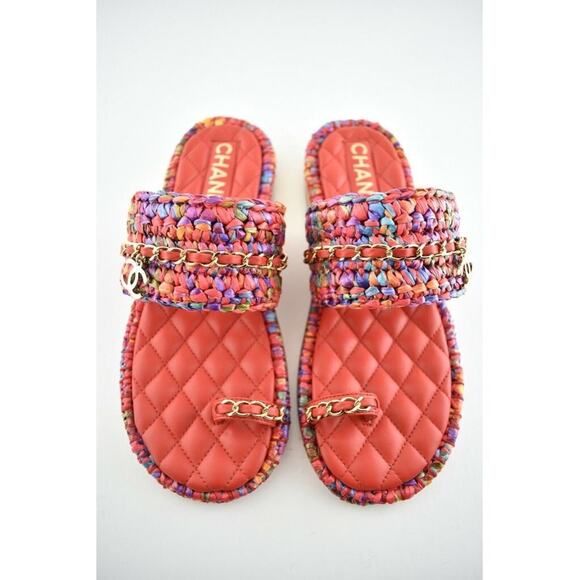 Chanel 20S Red Blue Purple Raffia Tweed CC Logo Mule Slide Strap Flat Sandal 36 - Picture 5 of 12